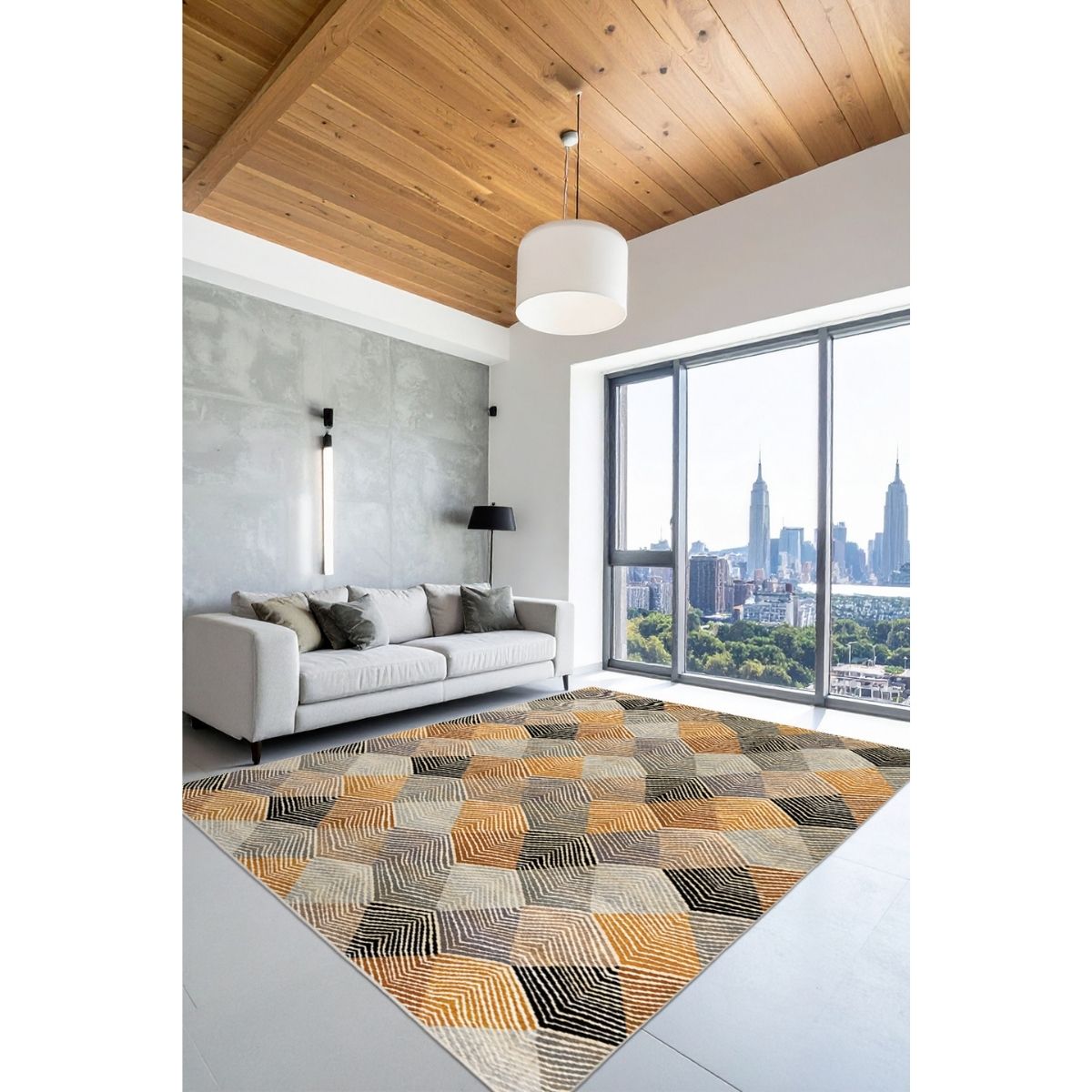 FR91 Hardal Gri Geometrik Desenli 160x230 cm Yıkanabilir Kaymaz Taban Halı