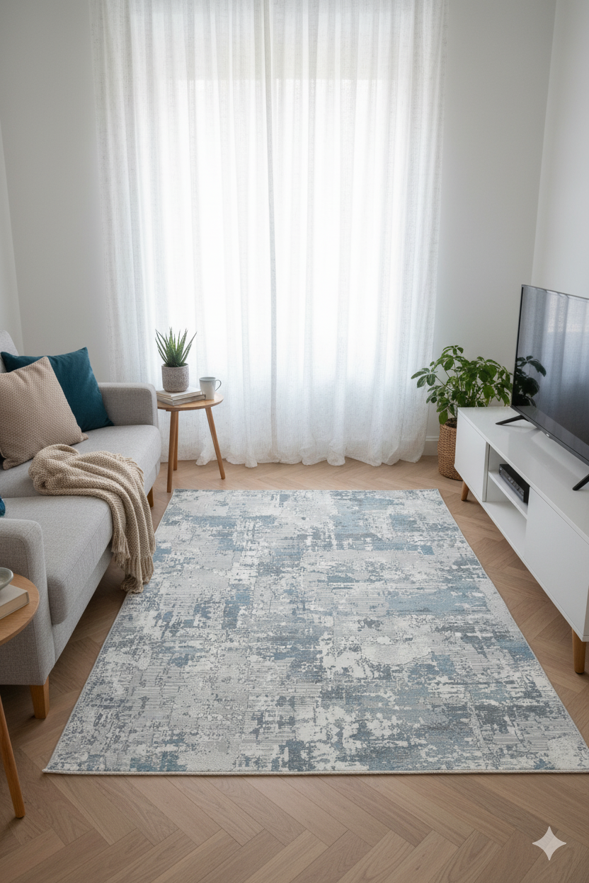 Impressive Koleksiyonu 4 Metrekare Bej Gri Mavi Modern Salon Mutfak Yatak Odası Halısı - Ottofis Halı