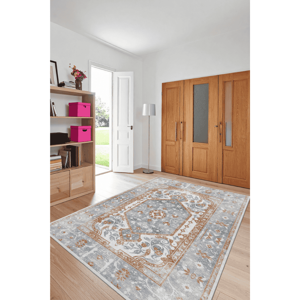 Ottofis FR36 Gri Bakır Bej Klasik Desenli Dekoratif Kaymaz Taban Dijital Baskı Halı