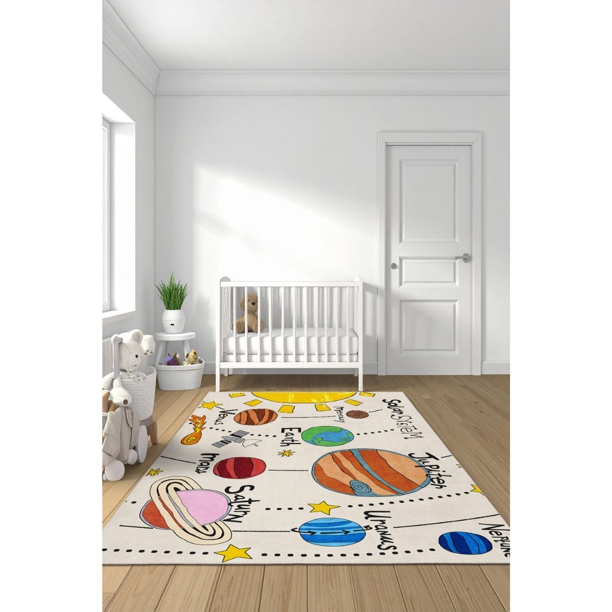 Güneş Sistemi Temalı Dijital Baskı Kaymaz Taban Çocuk Odası Halısı FR169