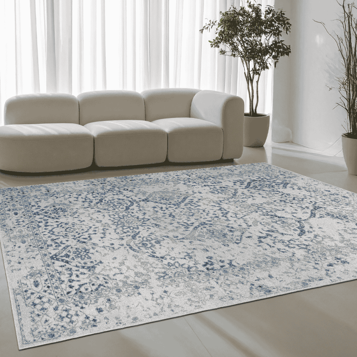 Ottofis FR18 Klasik Desenli Mavi Krem Bej Kaymaz Taban Dekoratif Halı