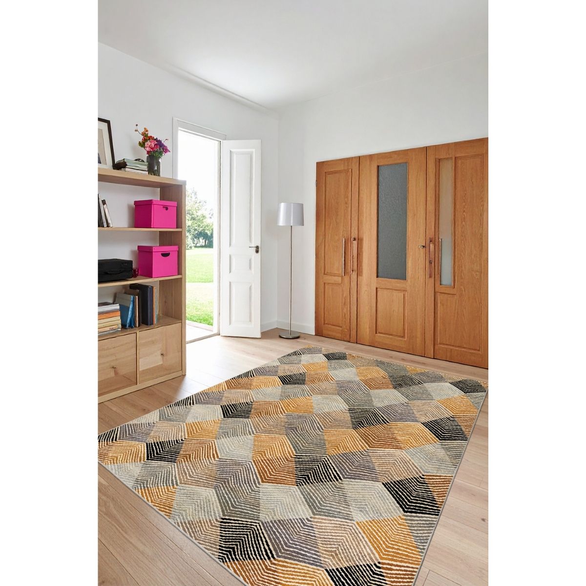 Ottofis FR91 Modern Geometrik Desenli Yıkanabilir Salon Halısı – Hardal Gri Tonları