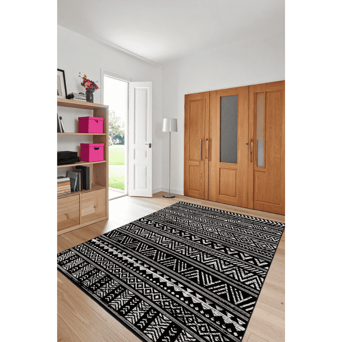 Ottofis FR42 Siyah Beyaz Geometrik Desenli Modern Dekoratif Halı