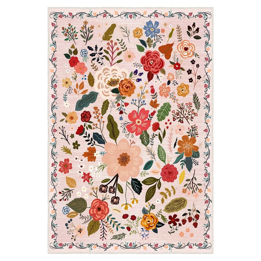 FR143 Pudra Bej Çok Renkli Çiçek Desenli 160x230 Yıkanabilir Kaymaz Taban Halı