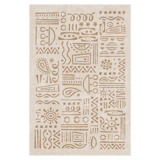 160x230 cm Yıkanabilir Kaymaz Taban Halı – Krem Bej Geometrik Desenli FR216