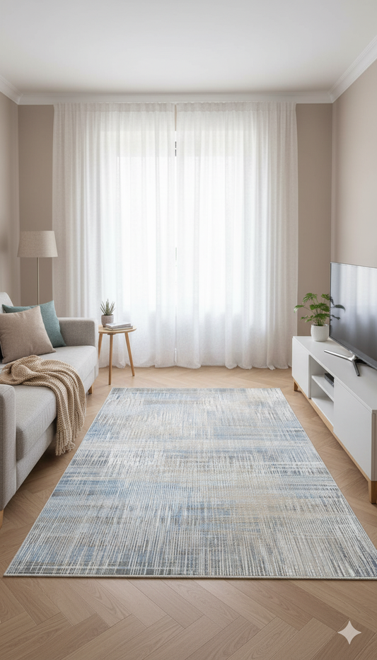 Impressive Koleksiyonu 4 Metrekare Bej Krem Mavi Modern Salon Mutfak Yatak Odası Halısı - Ottofis Halı