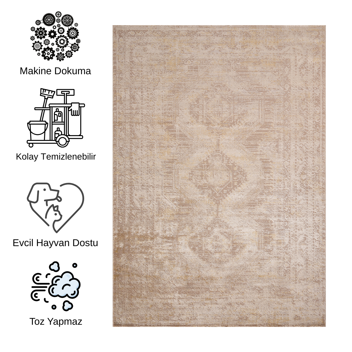 Impressive Serisi Klasik Tasarım Bej Krem Kahve Detaylı Saçaksız 4 Metrekare Salon Yatak Odası Halısı - Ottofis Halı