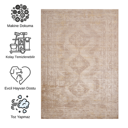Impressive Serisi Klasik Tasarım Bej Krem Kahve Detaylı Saçaksız 4 Metrekare Salon Yatak Odası Halısı - Ottofis Halı