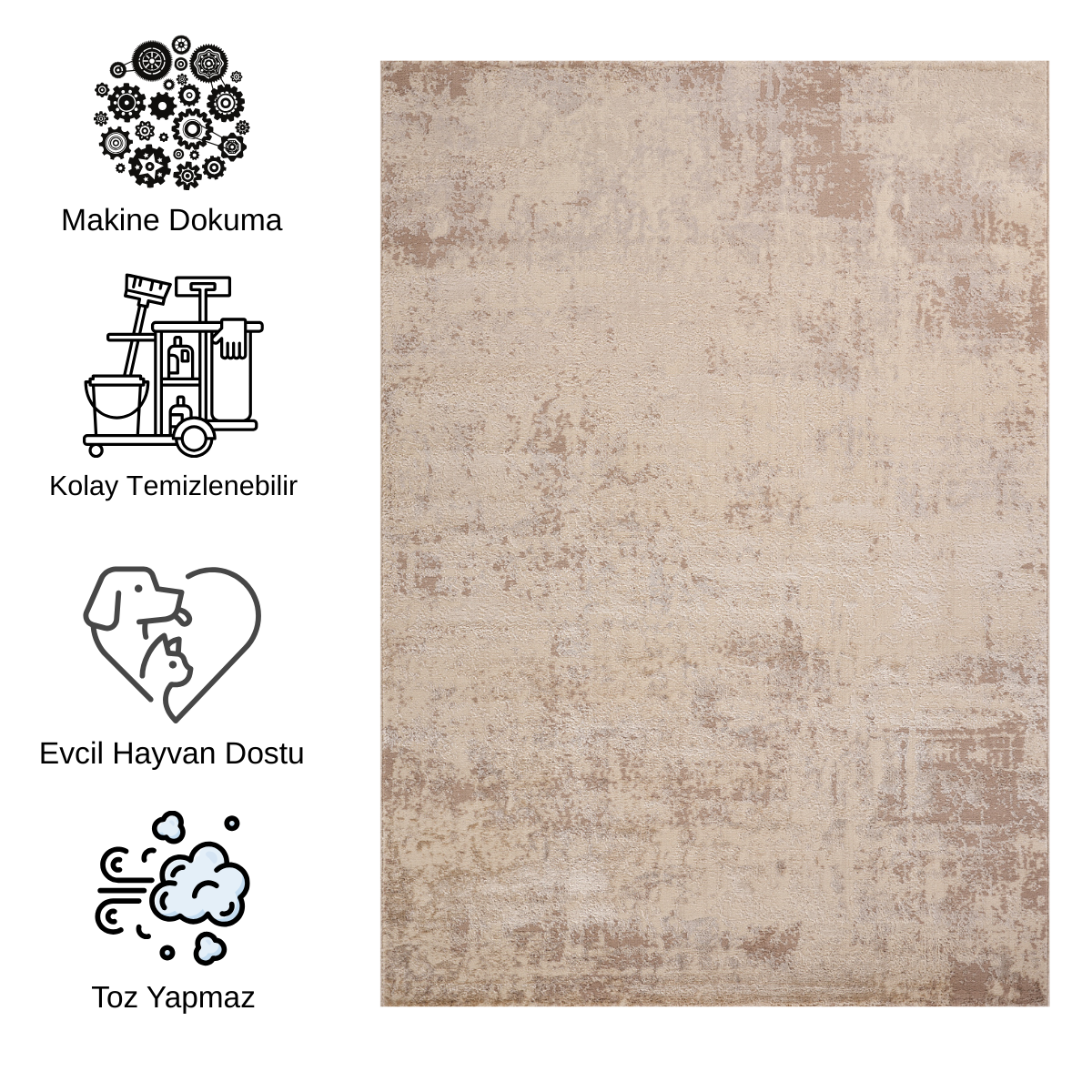 Impressive Serisi Modern Tasarım Krem Gri Saçaksız 4 Metrekare Salon Yatak Odası Halısı - Ottofis Halı