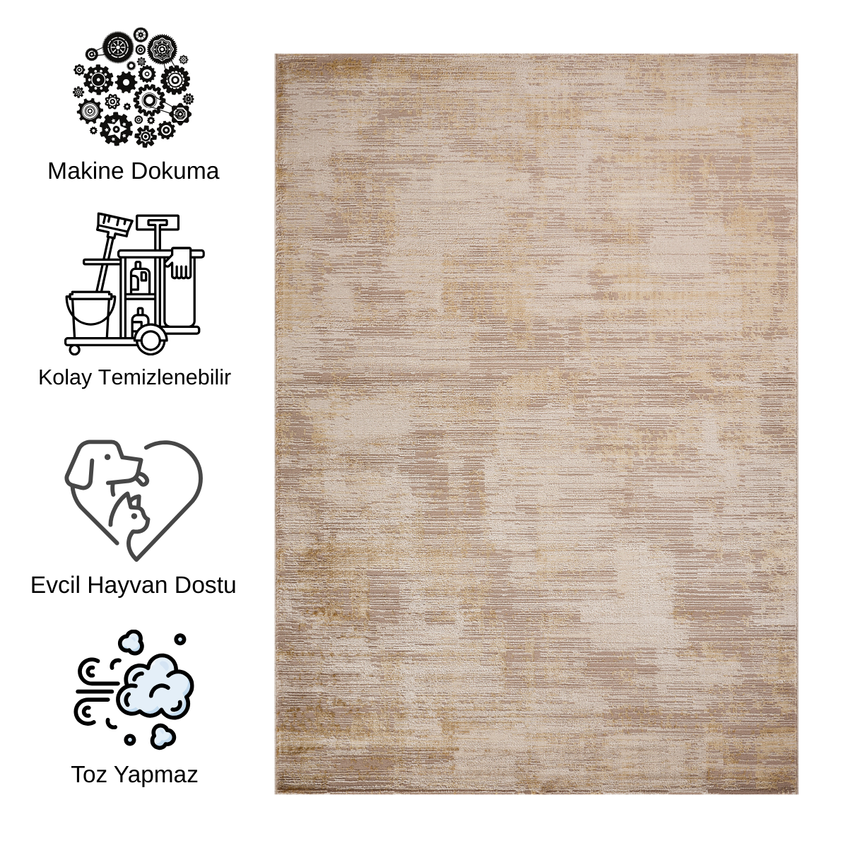 Impressive Serisi Modern Tasarım Bej Krem Sarı Detaylı Saçaksız 4 Metrekare Salon Yatak Odası Halısı - Ottofis Halı