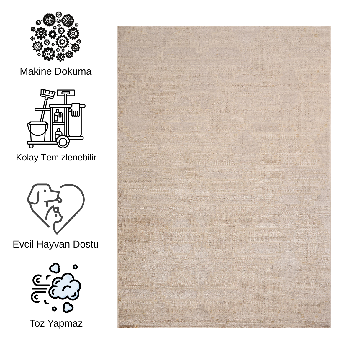 Impressive Serisi Modern Tasarım Bej Krem Saçaksız 4 Metrekare Salon Yatak Odası Halısı - Ottofis Halı