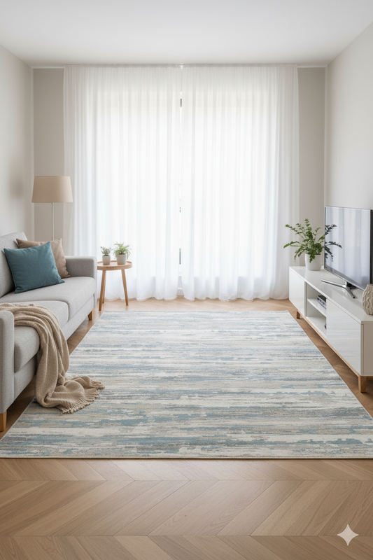 Impressive Koleksiyonu 4 Metrekare Bej Krem Mavi Modern Salon Mutfak Yatak Odası Halısı - Ottofis Halı