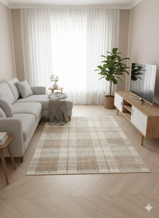 Impressive Koleksiyonu 4 Metrekare Bej Krem  Modern Salon Mutfak Yatak Odası Halısı - Ottofis Halı