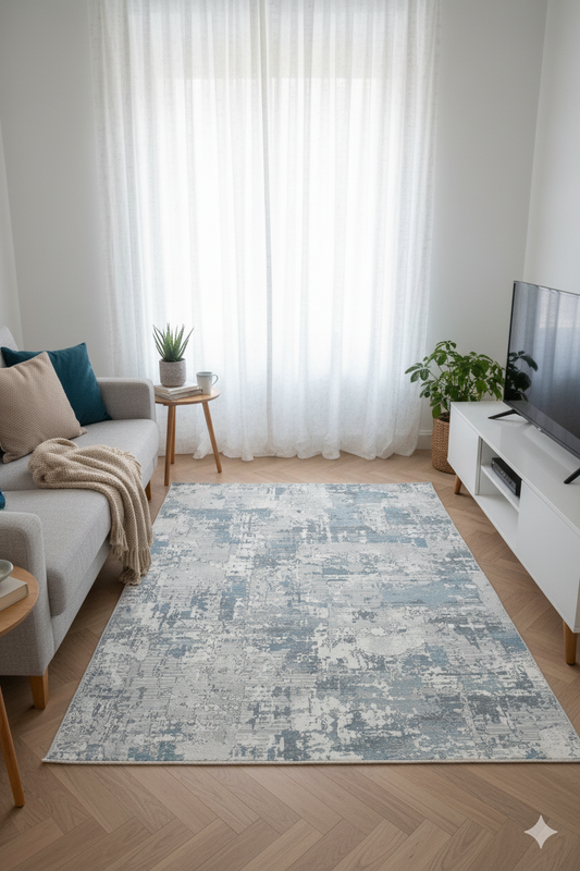 Impressive Koleksiyonu 4 Metrekare Bej Gri Mavi Modern Salon Mutfak Yatak Odası Halısı - Ottofis Halı