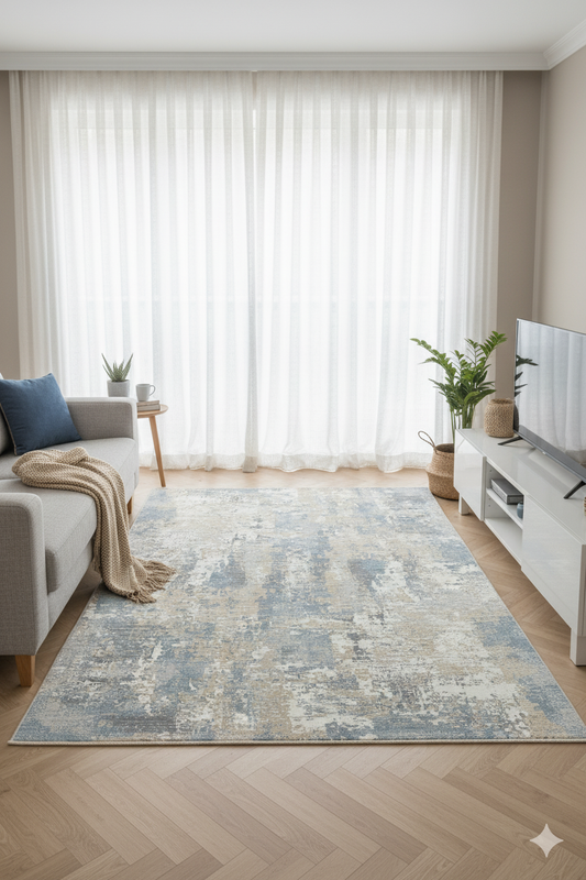 Impressive Koleksiyonu 4 Metrekare Bej Krem Mavi Modern Salon Mutfak Yatak Odası Halısı - Ottofis Halı