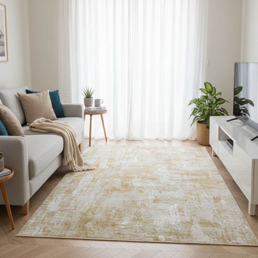 Impressive Koleksiyonu 4 Metrekare Bej Gri Sarı Modern Salon Mutfak Yatak Odası Halısı - Ottofis Halı