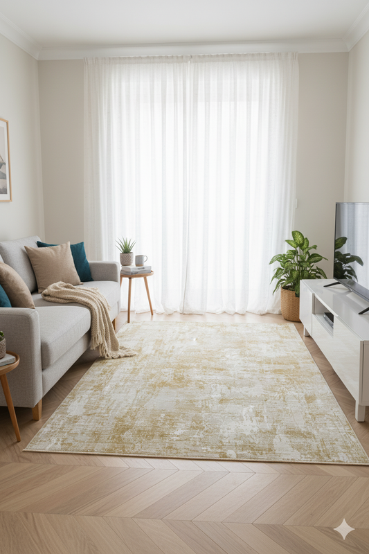 Impressive Koleksiyonu 4 Metrekare Bej Gri Sarı Modern Salon Mutfak Yatak Odası Halısı - Ottofis Halı