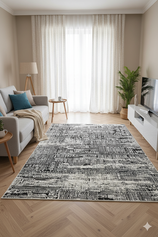 Impressive Koleksiyonu 4 Metrekare Siyah Bej Modern Salon Mutfak Yatak Odası Halısı - Ottofis Halı