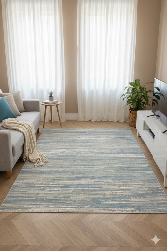 Impressive Koleksiyonu 4 Metrekare Bej Krem Mavi Modern Salon Mutfak Yatak Odası Halısı - Ottofis Halı