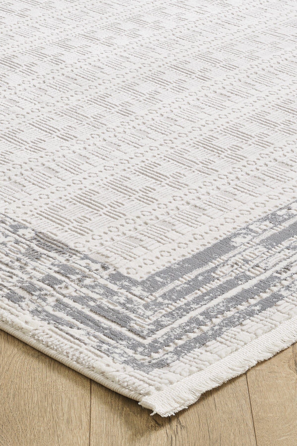 Toscana Koleksiyonu 3.5m² 150x230cm Gri-Krem Renk Polyester Iplik Düz Saçaklı Makine Dokuma Halı - Ottofis Halı