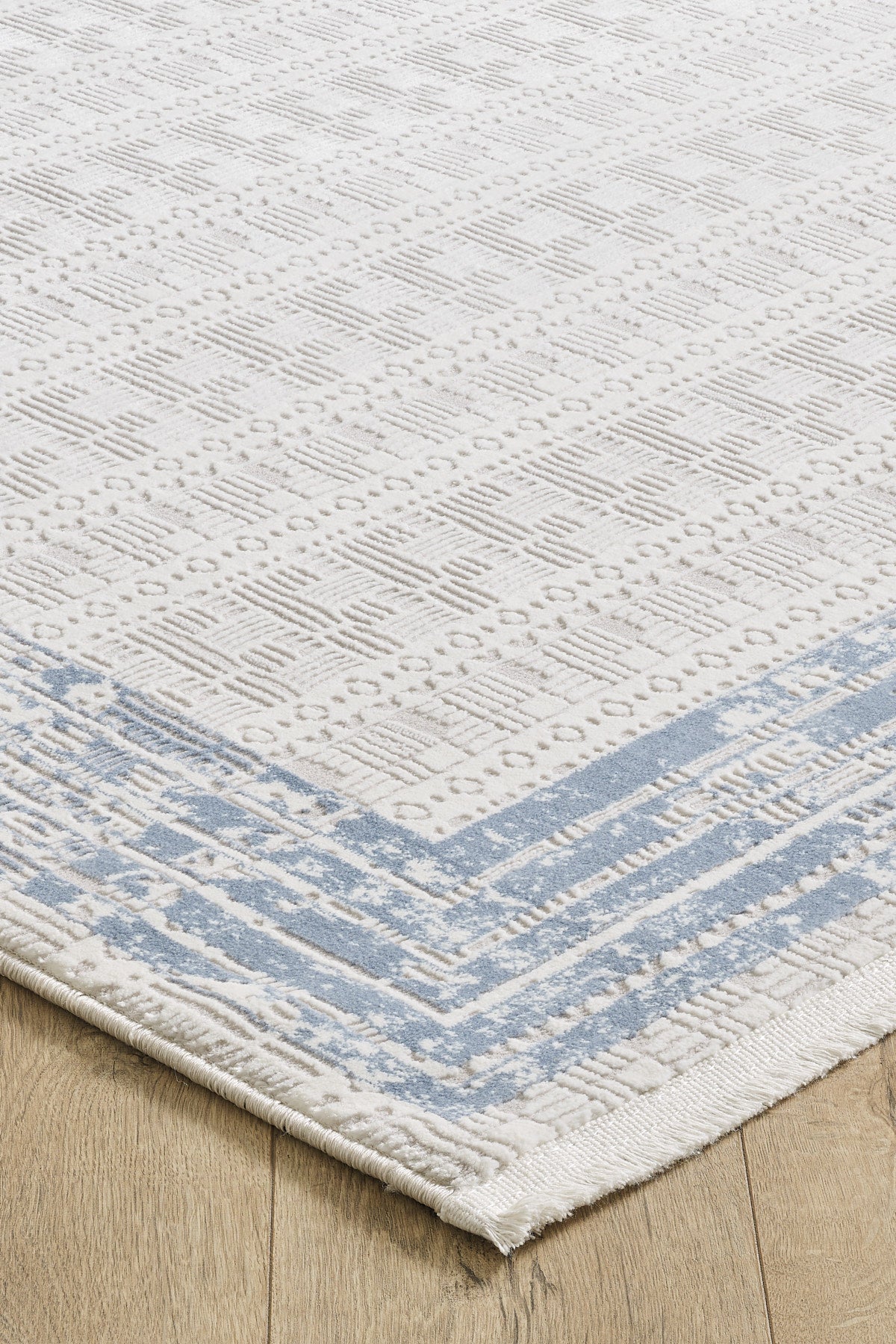 Toscana Koleksiyonu 3.5m² 150x230cm Krem-mavi Renk Polyester Iplik Düz Saçaklı Makine Dokuma Halı - Ottofis Halı