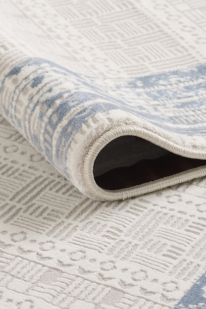 Toscana Koleksiyonu 3.5m² 150x230cm Krem-mavi Renk Polyester Iplik Düz Saçaklı Makine Dokuma Halı - Ottofis Halı