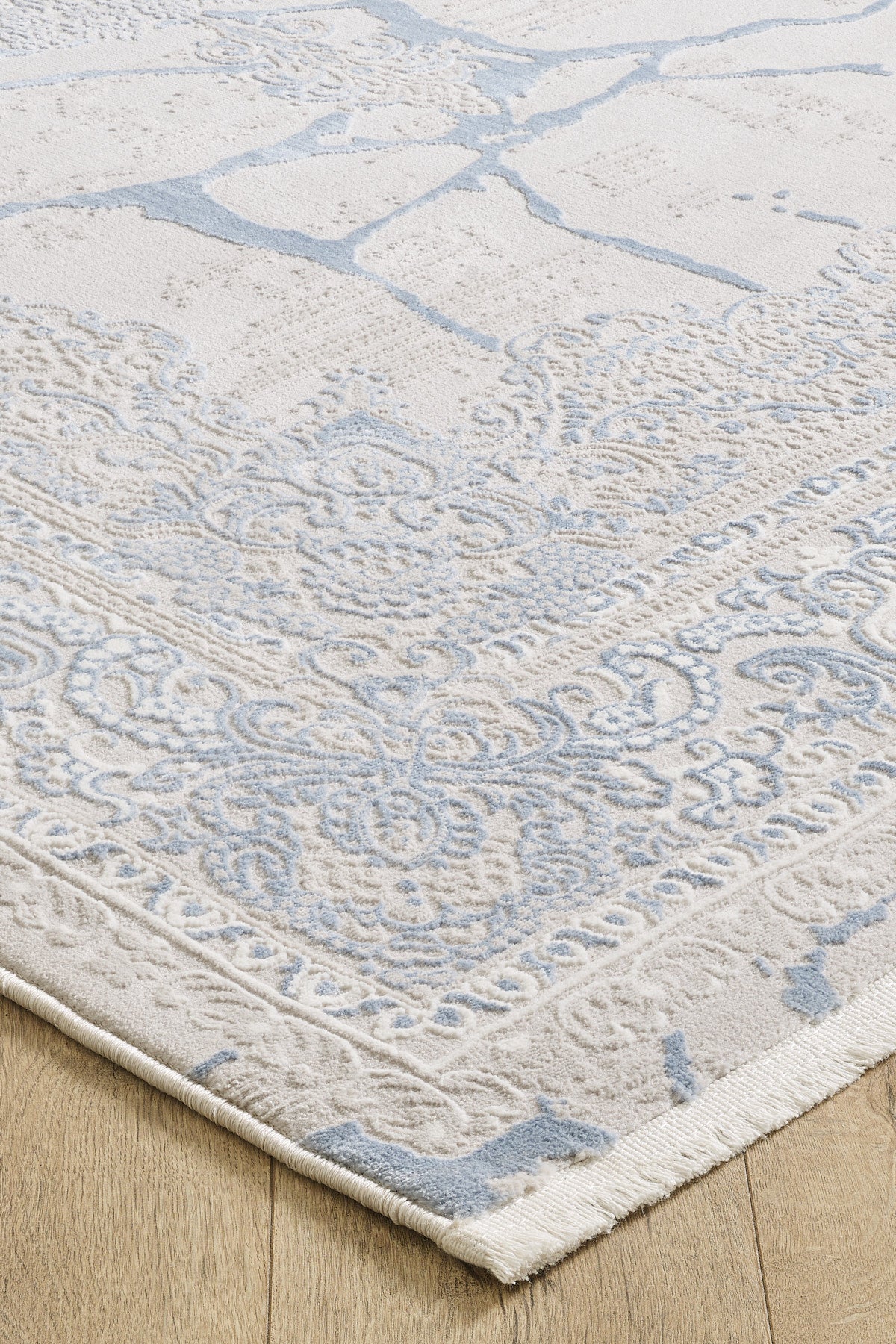 Toscana Koleksiyonu 3.5m² 150x230cm Gri-krem-mavi 3 Renk Polyester Iplik Düz Saçaklı Makine Halı - Ottofis Halı