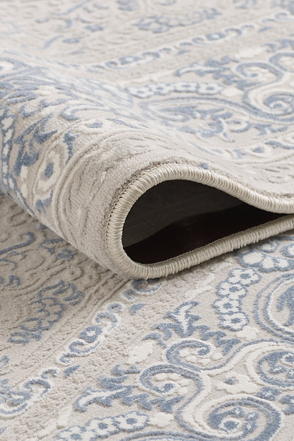 Toscana Koleksiyonu 3.5m² 150x230cm Gri-krem-mavi 3 Renk Polyester Iplik Düz Saçaklı Makine Halı - Ottofis Halı