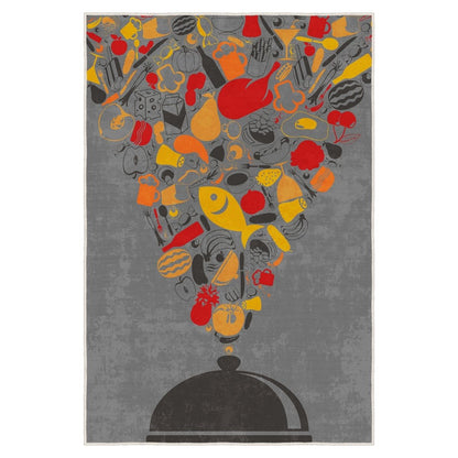 WOOKECE1569 Gri Sarı Kırmızı Desenli Dar Mutfak Halısı 80 cm En