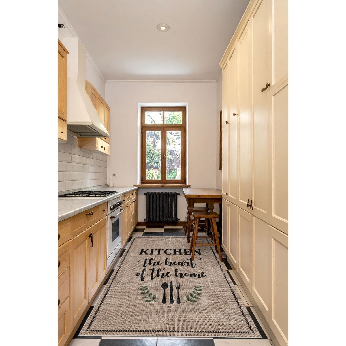 FR218 Bej Kahve Yazı Desenli Dar Mutfak Halısı 80 cm En