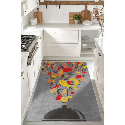 WOOKECE1569 Gri Sarı Kırmızı Desenli Dar Mutfak Halısı 80 cm En