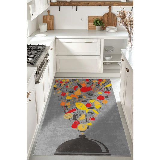 WOOKECE1569 Gri Sarı Kırmızı Desenli Dar Mutfak Halısı 80 cm En