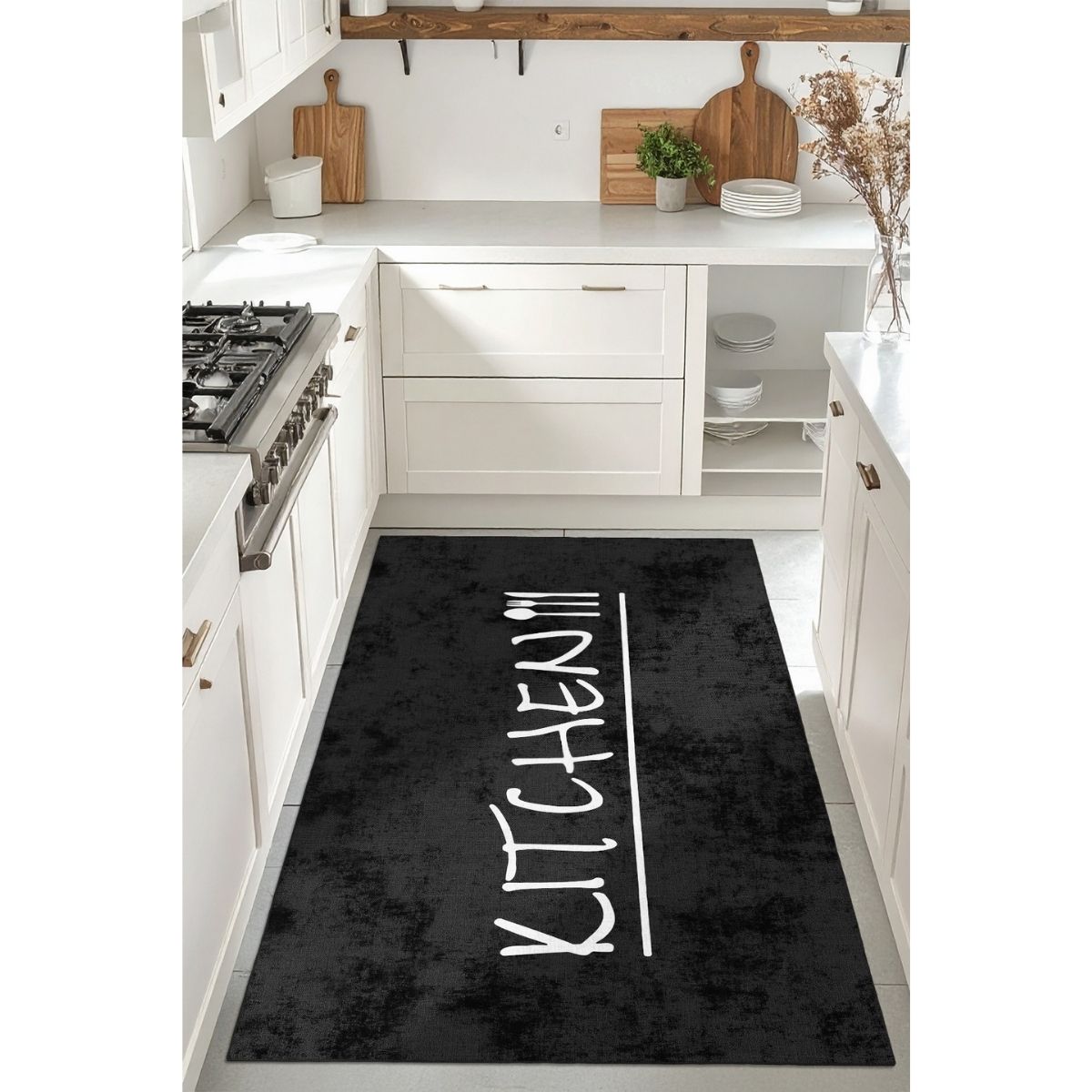 Siyah Beyaz Yazı Desenli Dar Mutfak Halısı 80 cm En WOOKECE241