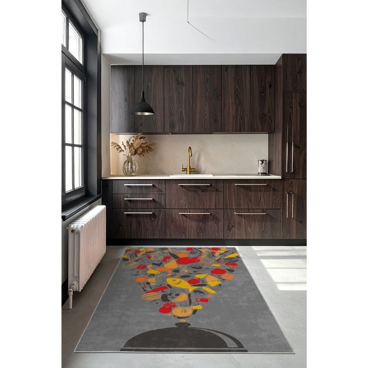 WOOKECE1569 Gri Sarı Kırmızı Desenli Dar Mutfak Halısı 80 cm En