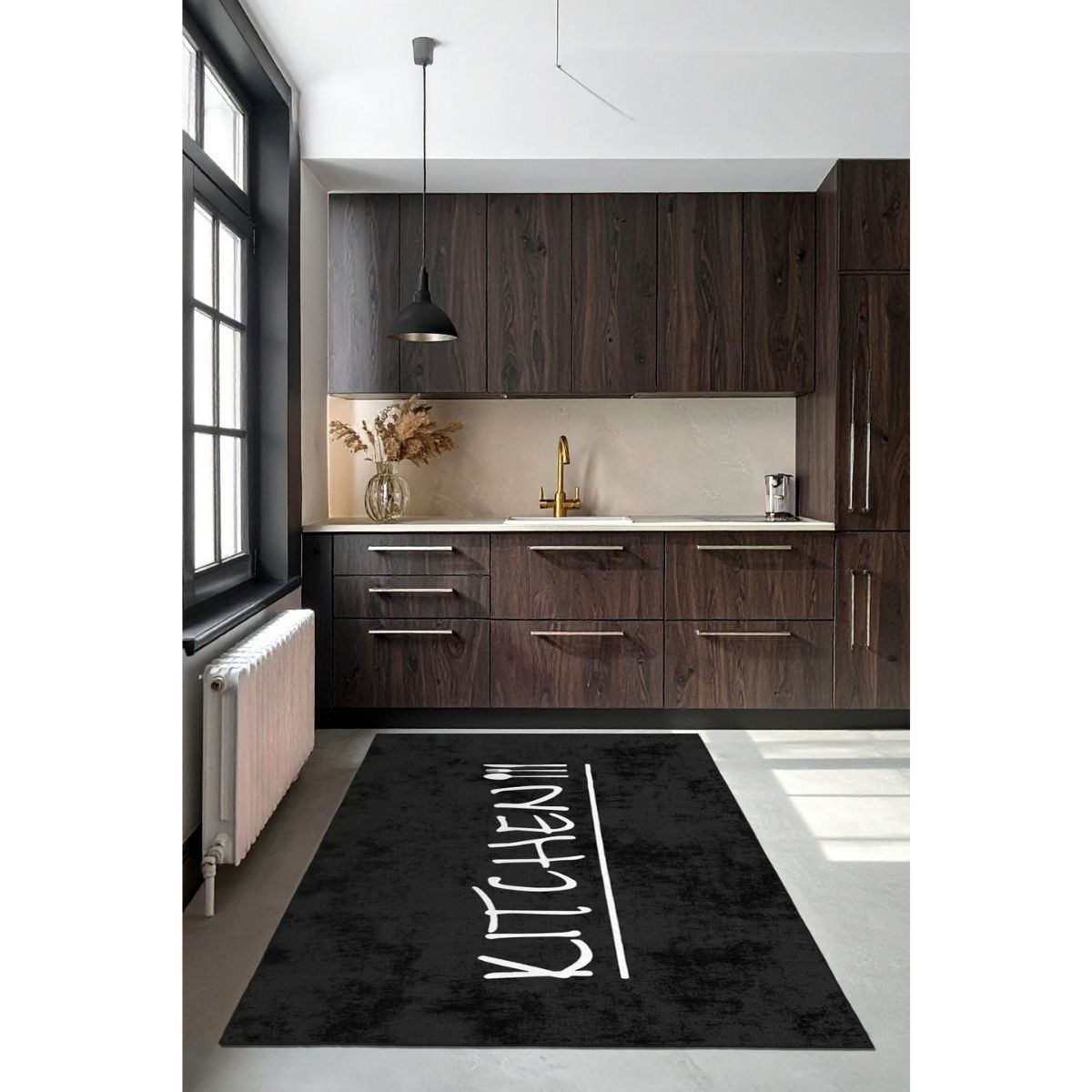 Siyah Beyaz Yazı Desenli Dar Mutfak Halısı 80 cm En WOOKECE241