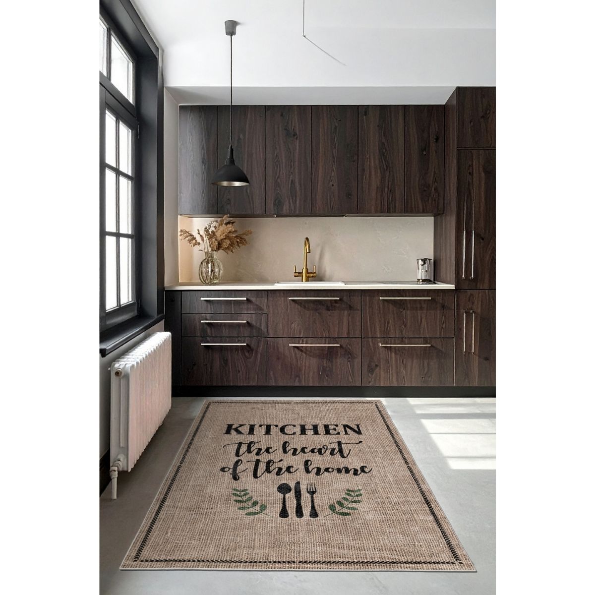 FR218 Bej Kahve Yazı Desenli Dar Mutfak Halısı 80 cm En