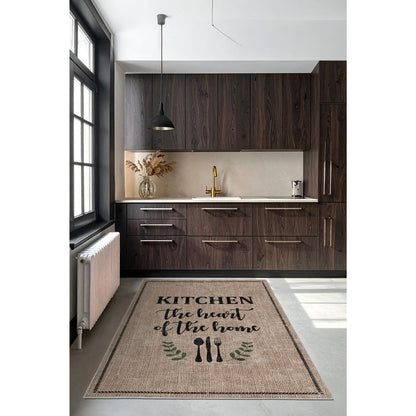 FR218 Bej Kahve Yazı Desenli Dar Mutfak Halısı 80 cm En
