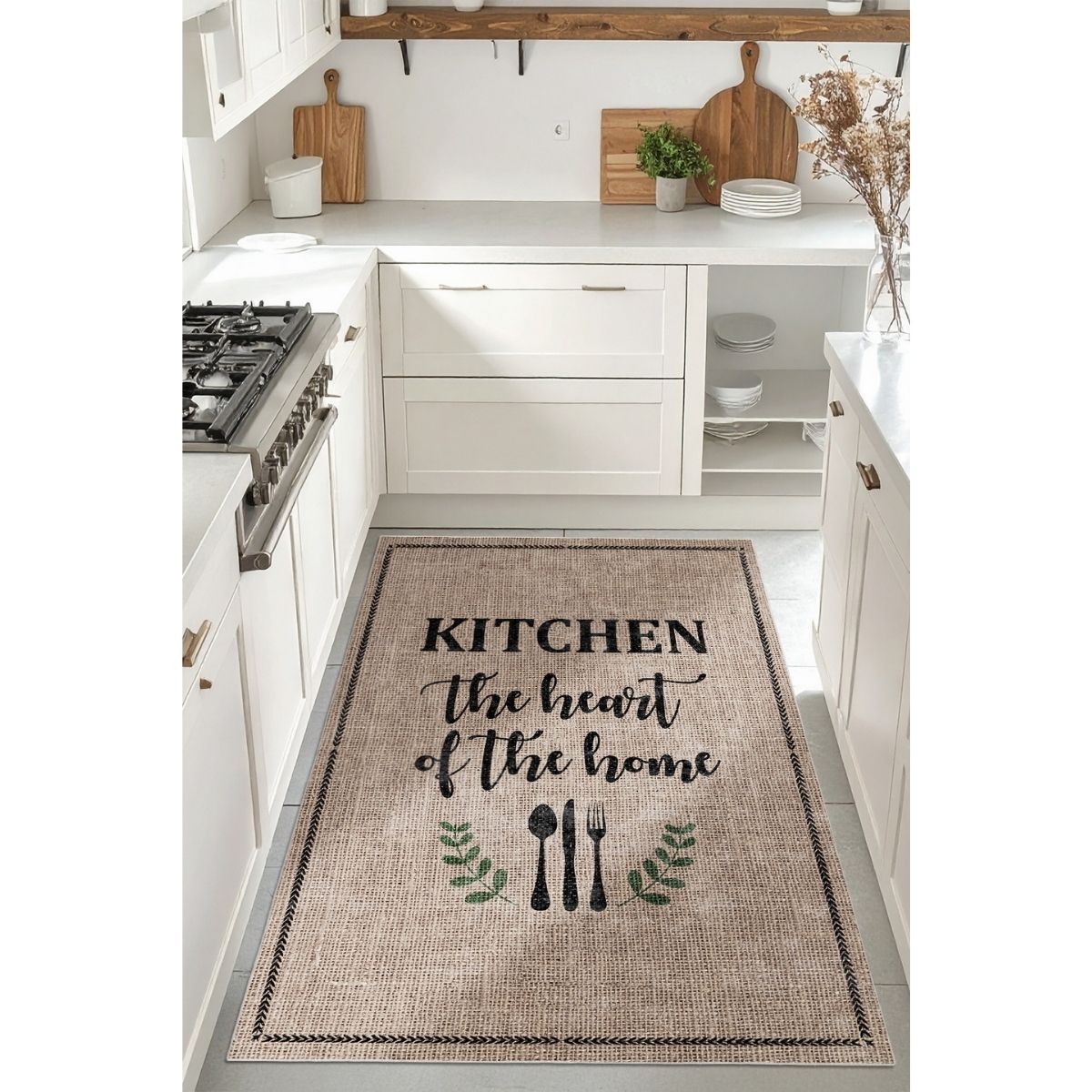 FR218 Bej Kahve Yazı Desenli Dar Mutfak Halısı 80 cm En