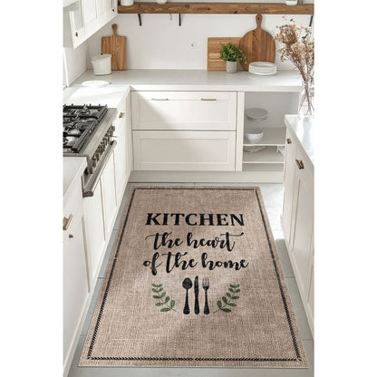 FR218 Bej Kahve Yazı Desenli Dar Mutfak Halısı 80 cm En