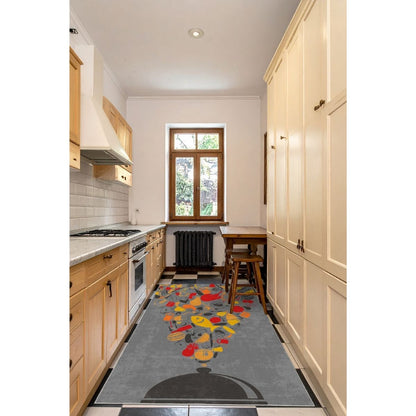 WOOKECE1569 Gri Sarı Kırmızı Desenli Dar Mutfak Halısı 80 cm En