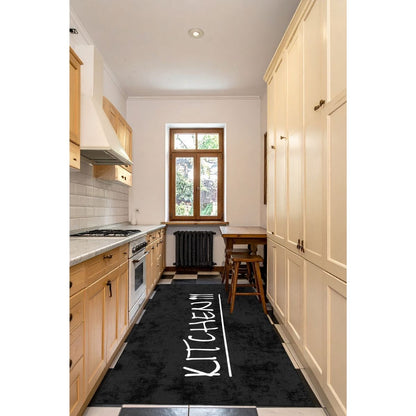 Siyah Beyaz Yazı Desenli Dar Mutfak Halısı 80 cm En WOOKECE241