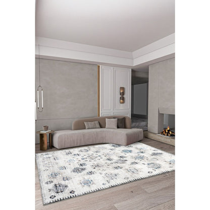 Ottofis FR110 Klasik Motifli Mavi Gri Eskitme Dekoratif Halı