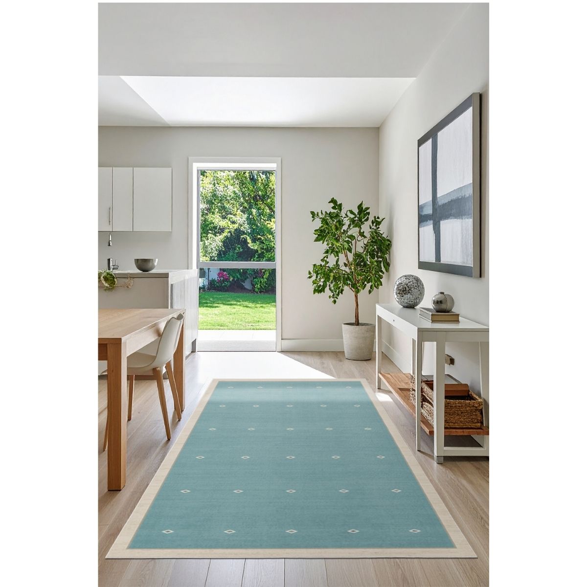 FR119 Minimal Desenli Turkuaz Dijital Baskı Modern Halı