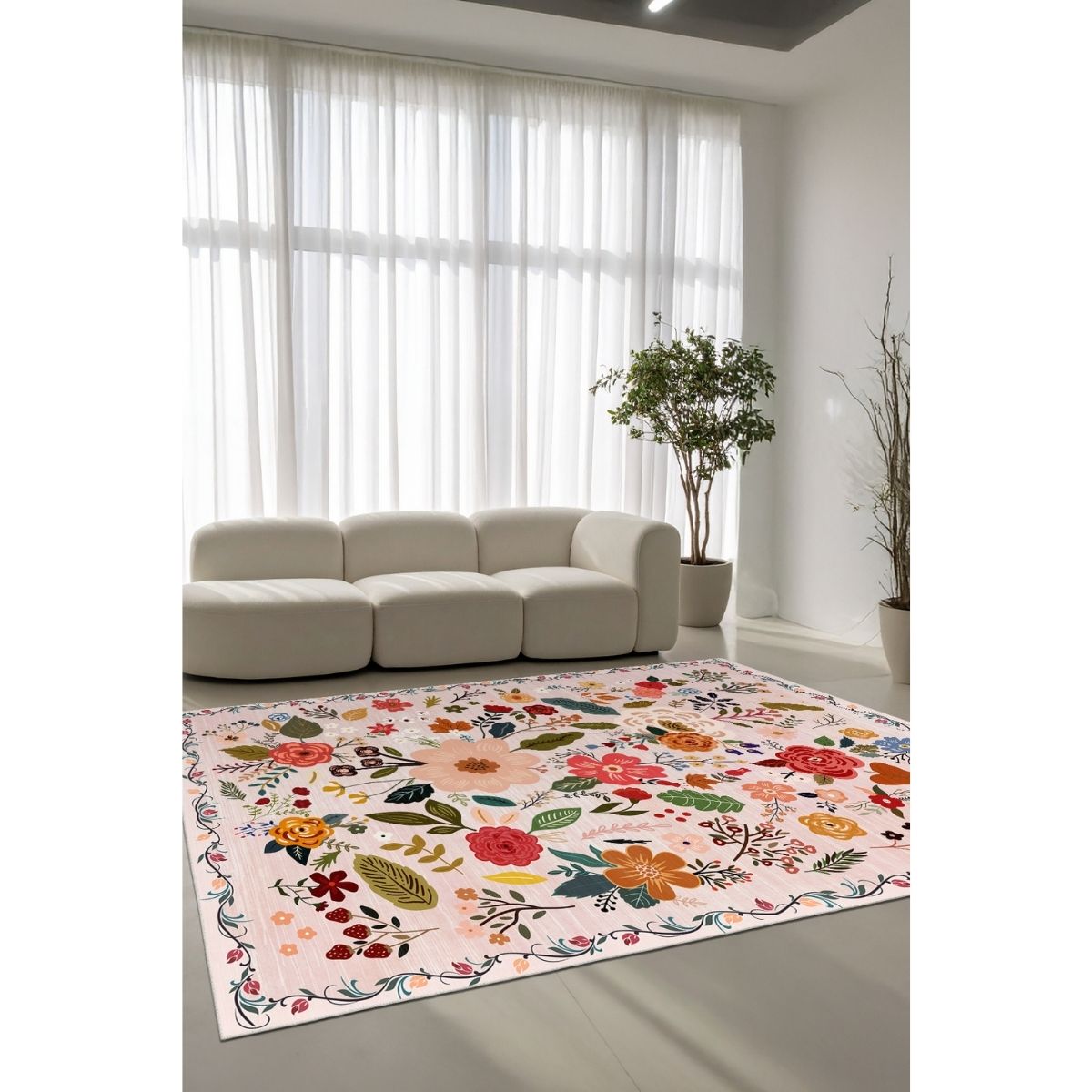 Ottofis FR143 Çiçek Desenli Dijital Baskı Dekoratif Salon Halısı