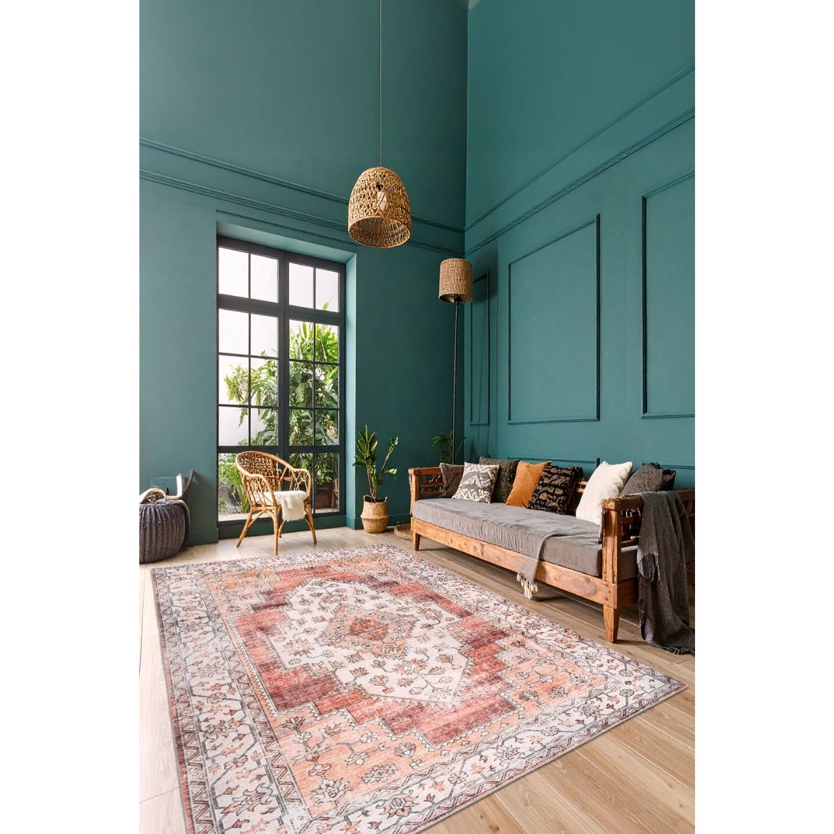 Ottofis FR83 Vintage Desenli Cok Renkli Kaymaz Tabanlı Yikanabilir Hali