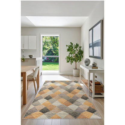 Ottofis FR91 Modern Geometrik Desenli Yıkanabilir Salon Halısı – Hardal Gri Tonları