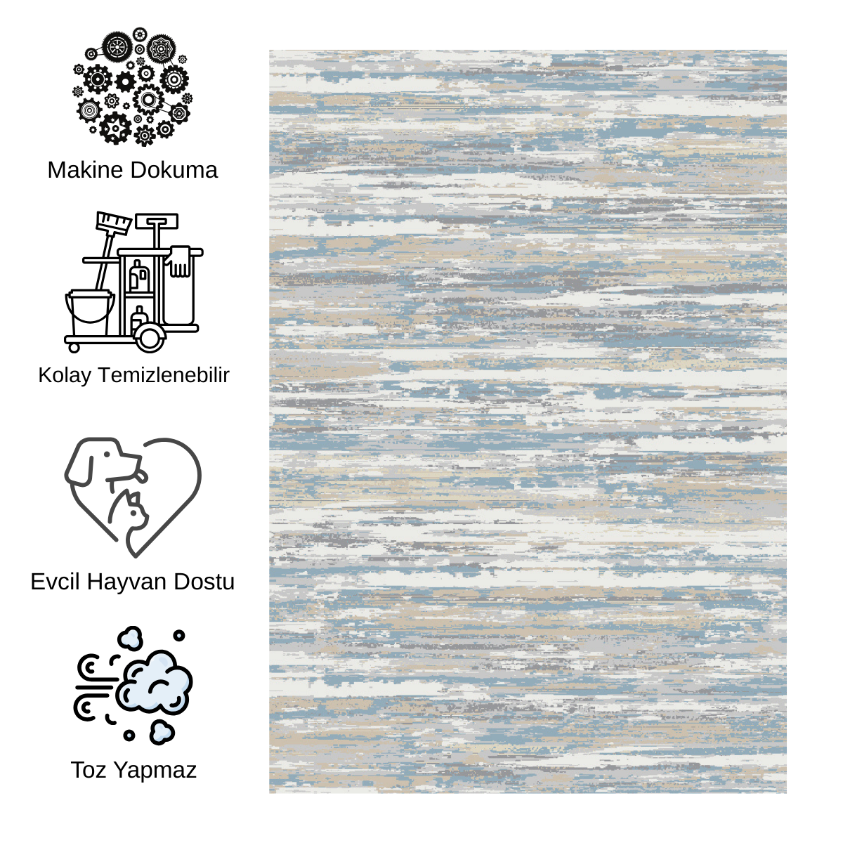 Impressive Koleksiyonu 4 Metrekare Bej Krem Mavi Modern Salon Mutfak Yatak Odası Halısı - Ottofis Halı