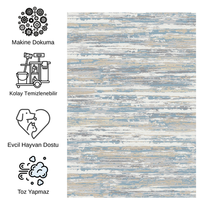 Impressive Koleksiyonu 4 Metrekare Bej Krem Mavi Modern Salon Mutfak Yatak Odası Halısı - Ottofis Halı