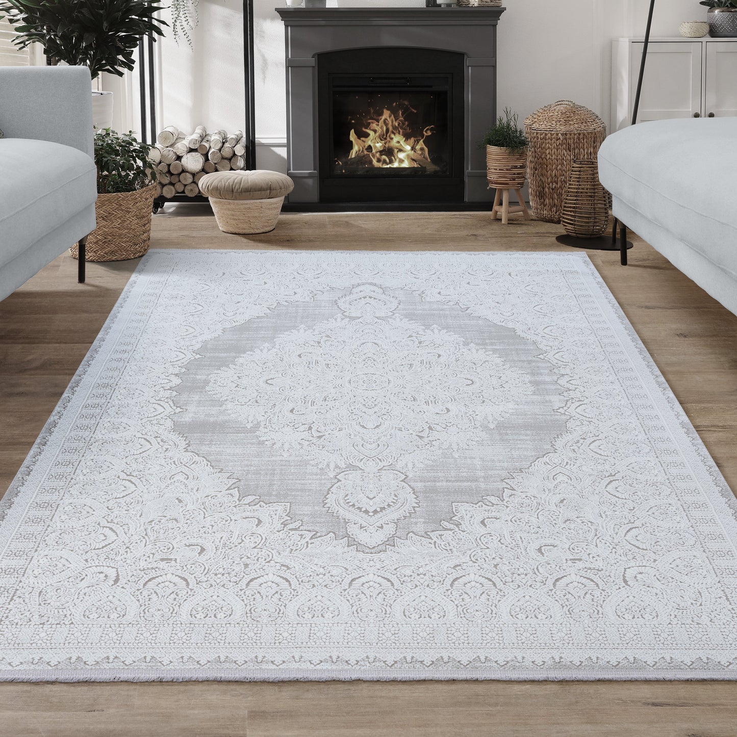 Concept Koleksiyonu Bej-Gri Saçaklı Makine Halısı - Ottofis Halı