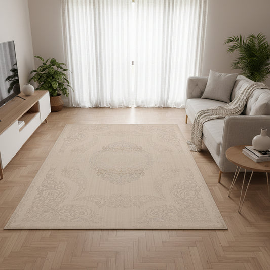 Impressive Serisi Etnik Tasarım Krem Gri Saçaksız 4 Metrekare Salon Yatak Odası Halısı - Ottofis Halı